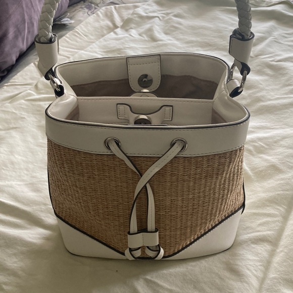 Nine West Handbags - Nine West White Straw-Trim Bucket Bag with Braided Strap